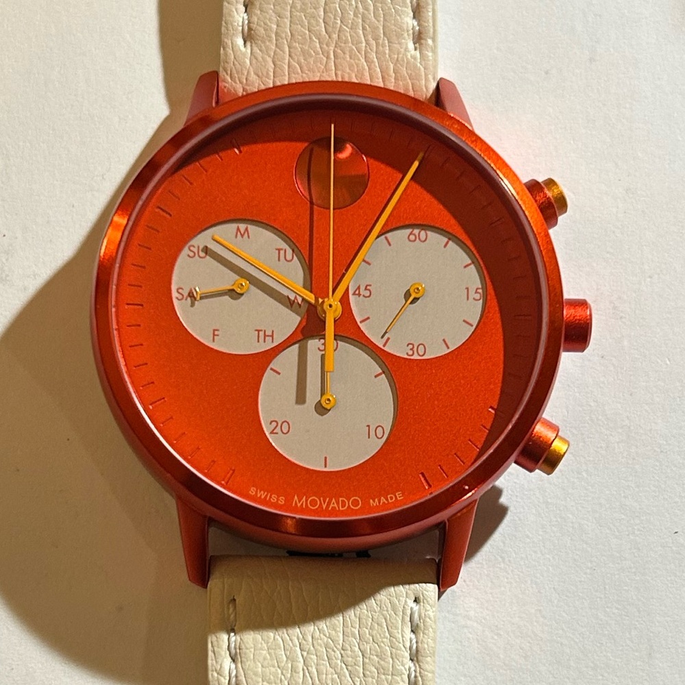 Movado FACE Watch With 43mm Orange Red Tone Chronograph Face &Cream Leather Band - Picture 2 of 9